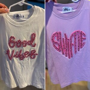 lola + the boys White & Lavender Sequin Graphic Tees - Pink Embellishment